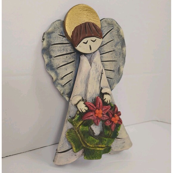 Hand Painted Christmas Angel Wall Hanging Decor Poinsettia Wreath Vintage Style - Picture 3 of 5